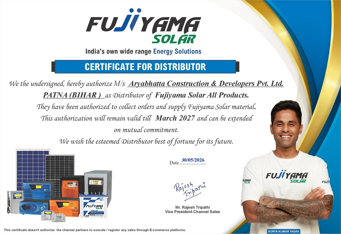Fujiyama Solar Certificate for Distributor — Aryabhatta Construction & Developers Pvt. Ltd.